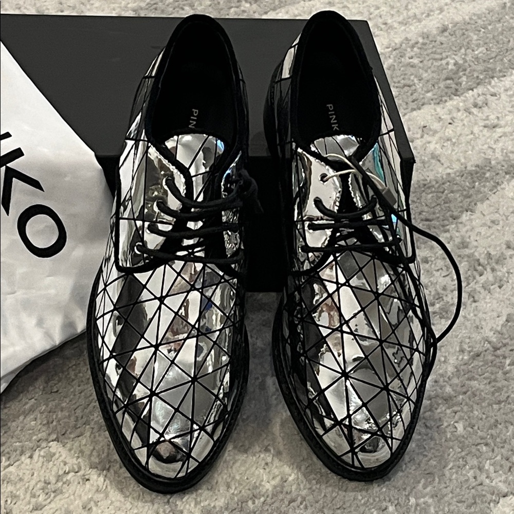 Pinko Women’s Reflective Silver and Black Oxfords